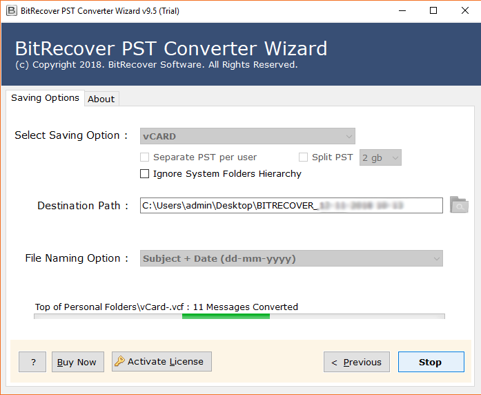 Outlook PST file to vCard conversion